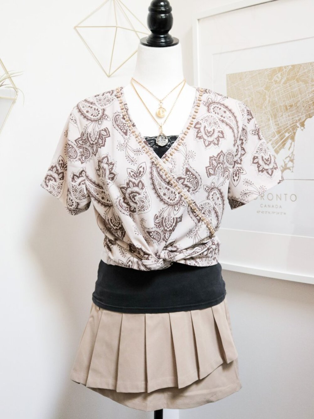 Vintage Light Brown Paisley Faux Wrap Short Sleeve T Shirt w/ Beaded Neckline